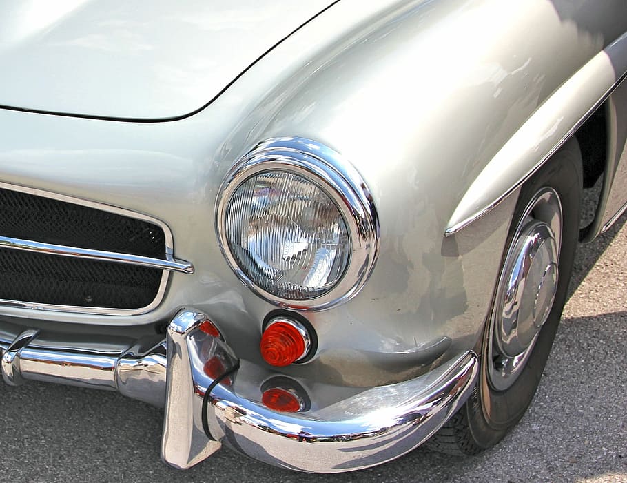 auto, spotlight, chrome, shiny, bumper, vehicle, drive, hood HD wallpaper