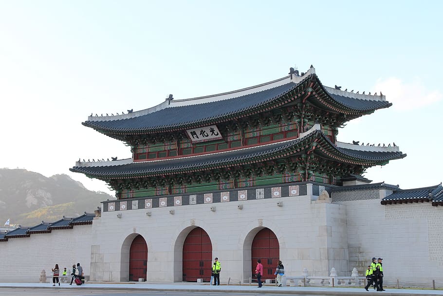 blue and white concrete pagoda temple, korea, seoul, gwanghwamun, HD wallpaper