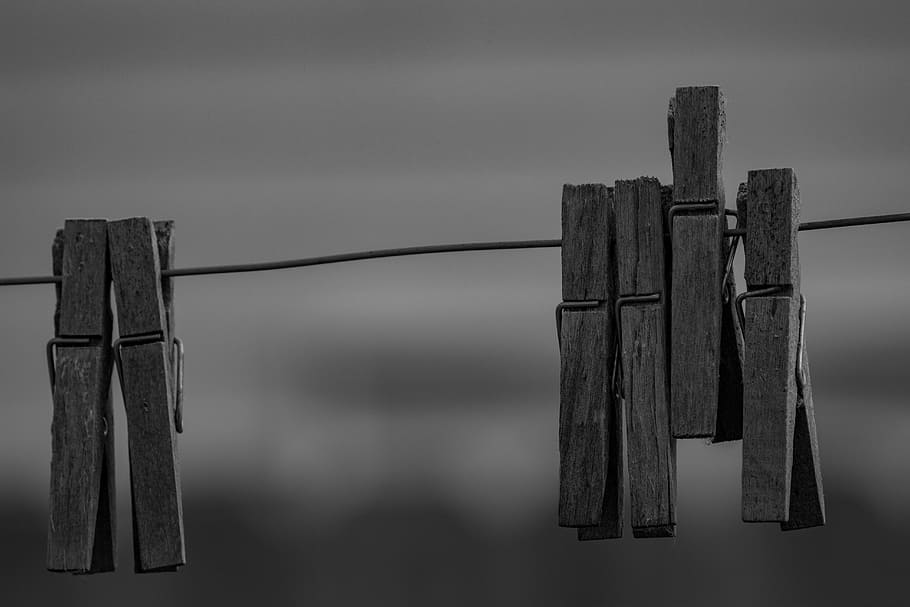 Just Hanging, grayscale wooden clothes clip, pegs, line, washing, HD wallpaper