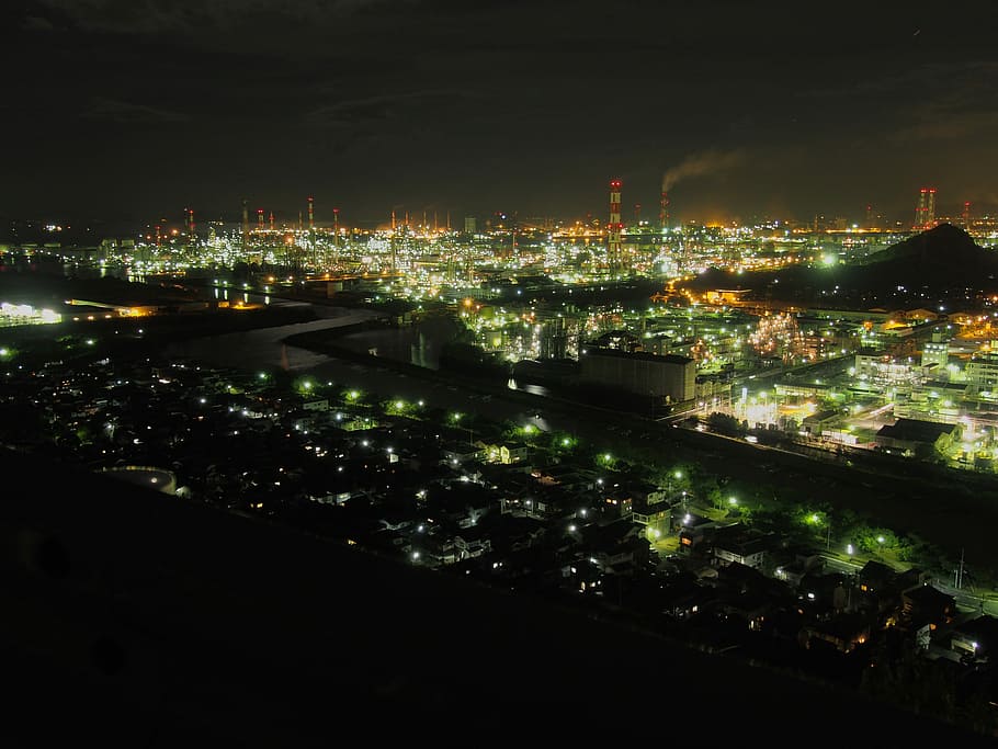 Mizushima, Industrial Complex, night view, illuminated, cityscape HD wallpaper