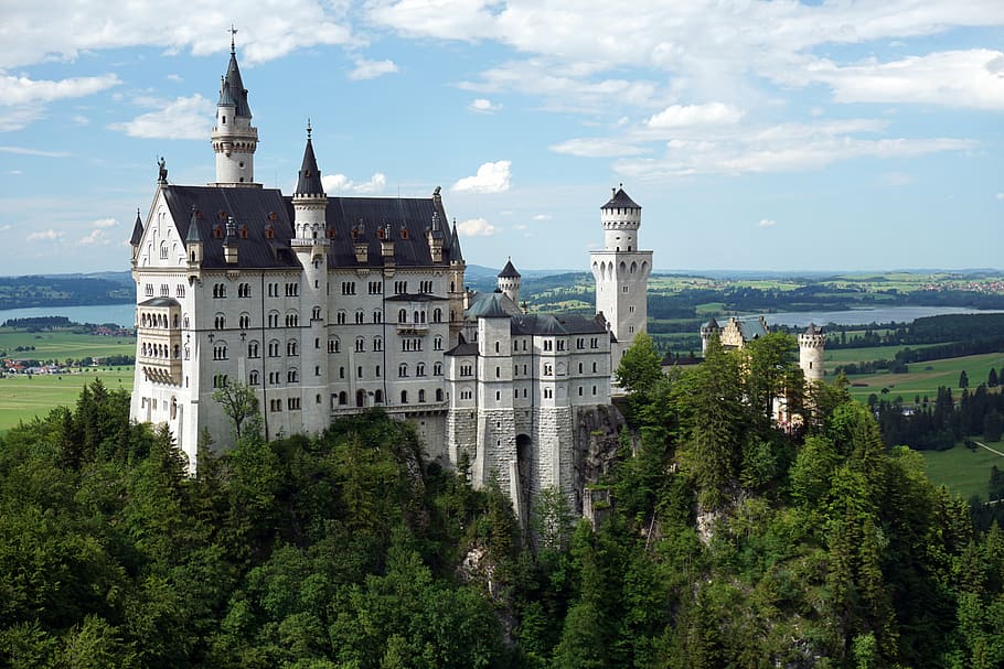 white and blue castle surrounded by forest, kristin, neuschwanstein castle, HD wallpaper