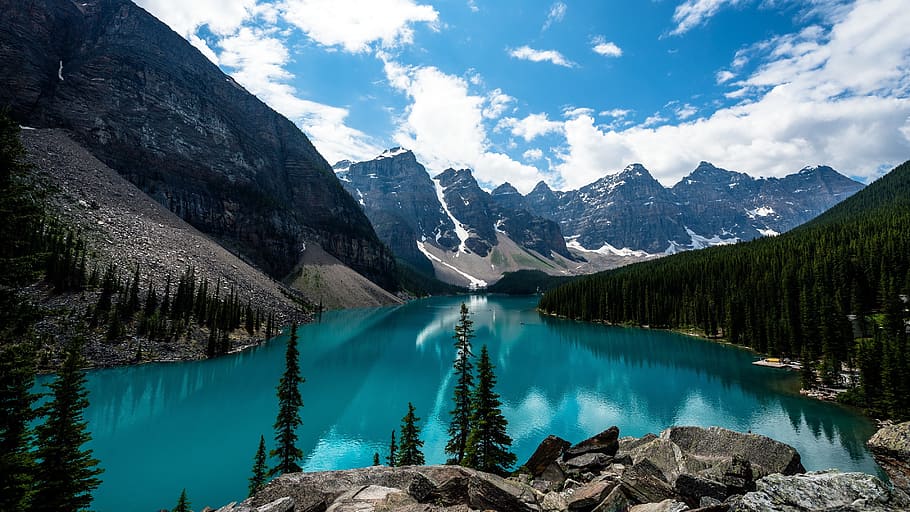 clear body of water and mountain range view, mountains, river HD wallpaper