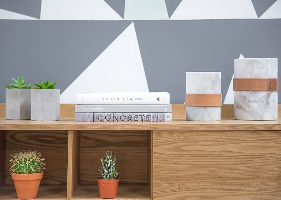 three hardbound books, plants, pots, decor, reading, study HD wallpaper