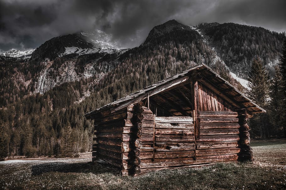 brown wooden house near mountain, cabin, woods, forest, woodland HD wallpaper