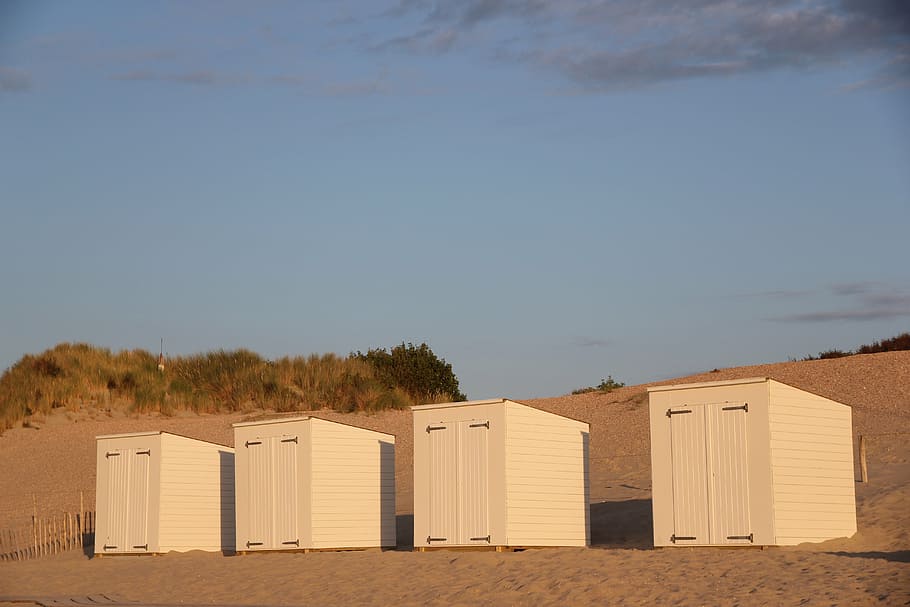 beach, beach hut, blue, sand, land, sky, nature, architecture HD wallpaper