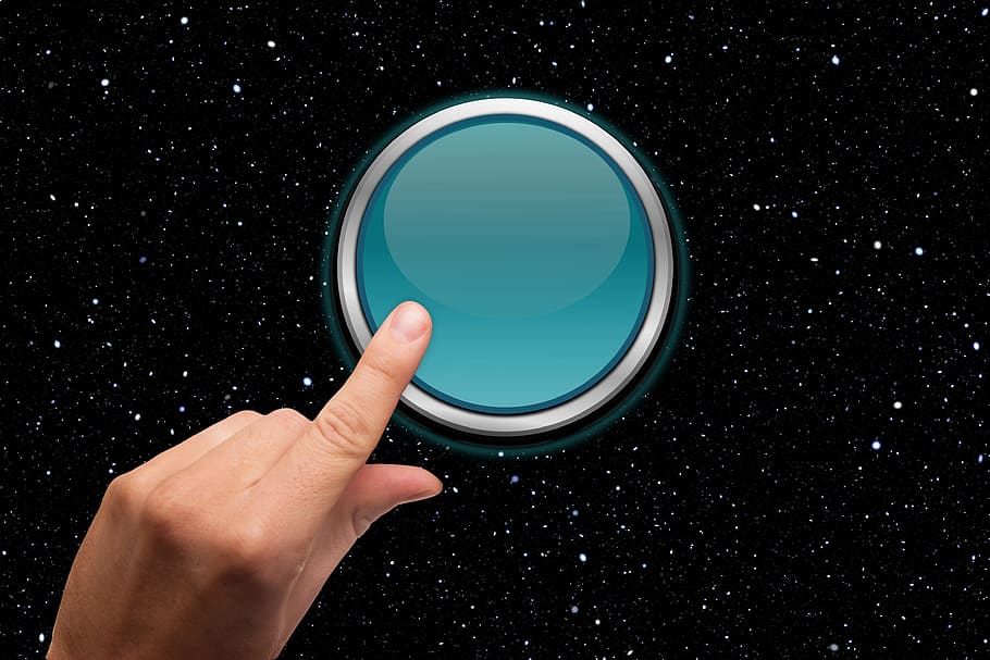 person pushing round green button, switch, turn on, finger HD wallpaper