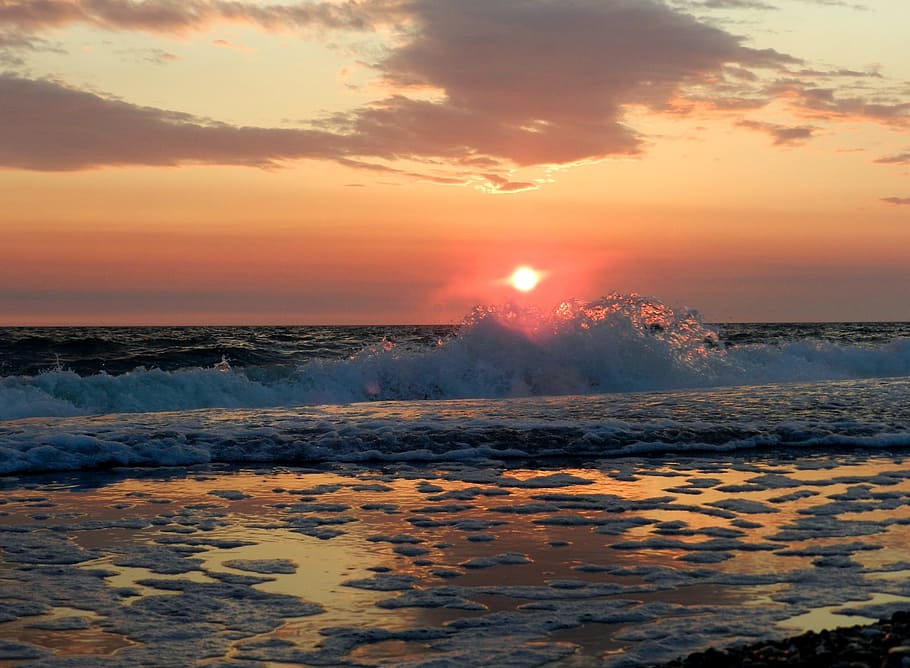 ocean, sunrise, wave, forward, surf, sunset, seascape, beach HD wallpaper