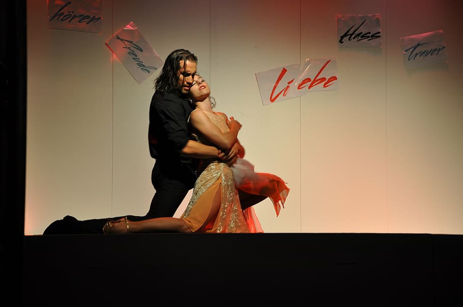 passion, dance, love, spotlight, artists, two people, adult HD wallpaper