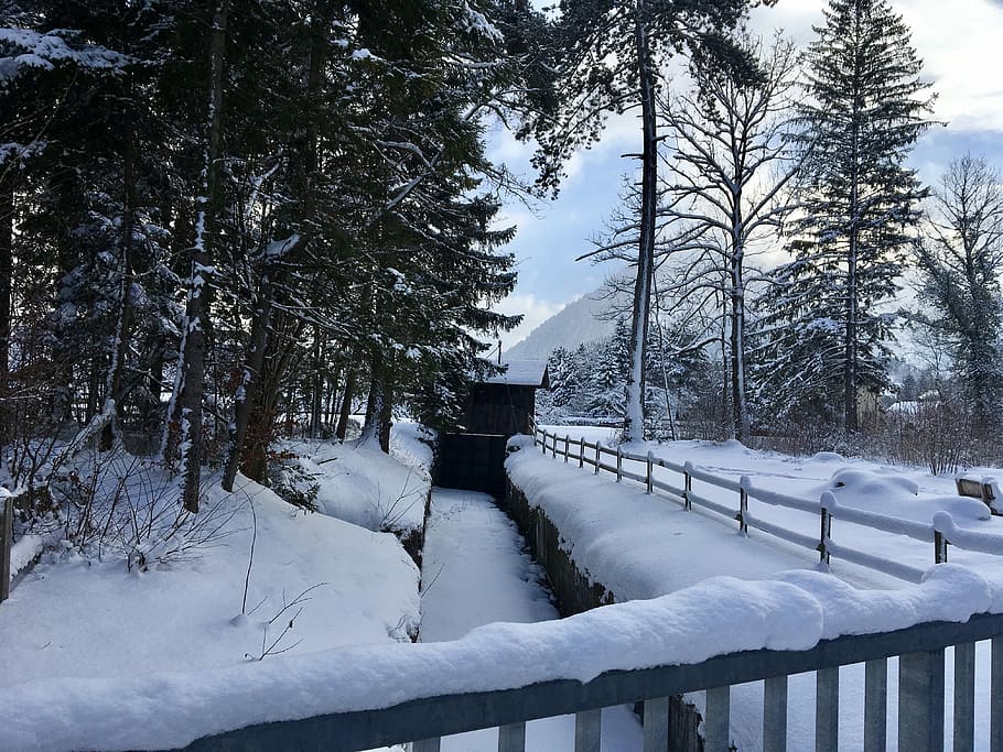Wintry, Channel, Winter, Nature, landscape, bridge, winter idyll HD wallpaper