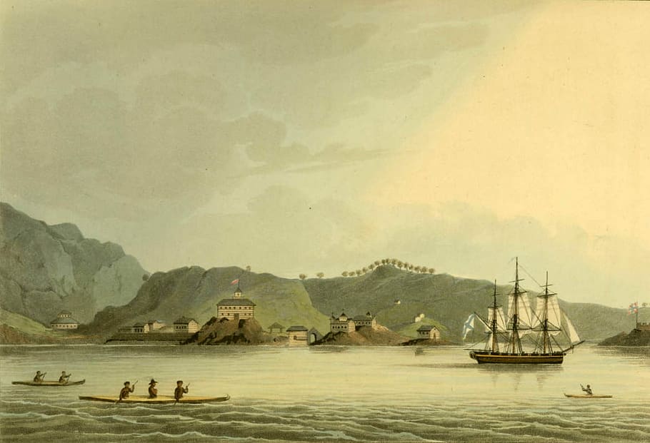 Russian sloop of war Neva visits Kodiak, Alaska in 1805, artwork HD wallpaper