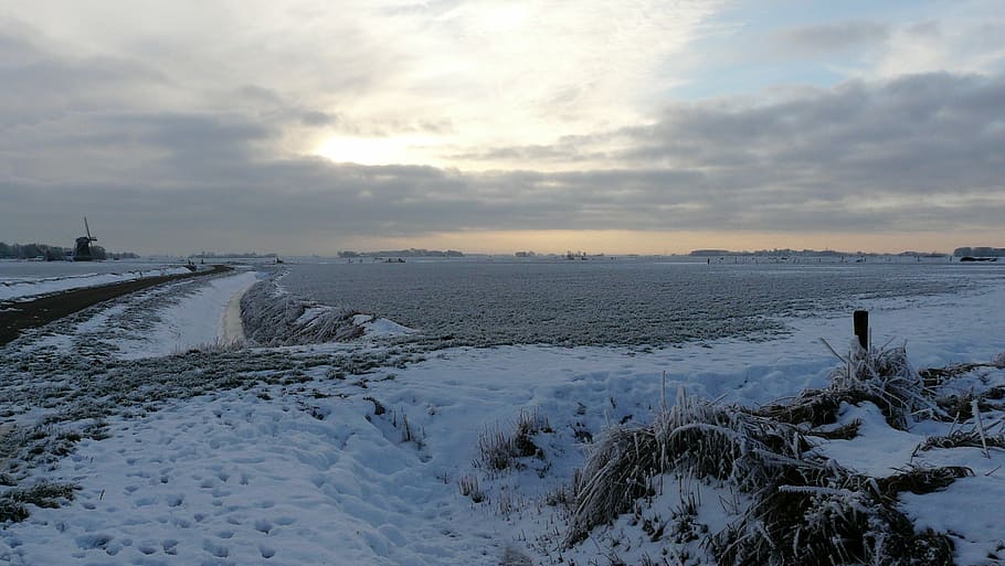 snow, winter, winter landscape, mill, sunset, sky, cold temperature HD wallpaper