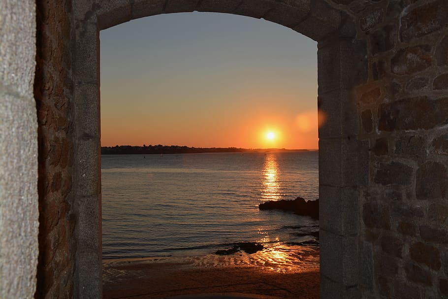 sunset, sea, horizon, sky, colors, brittany, saint malo, water HD wallpaper