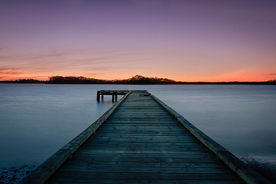 empty bridge along body of water, dock through body of water HD wallpaper