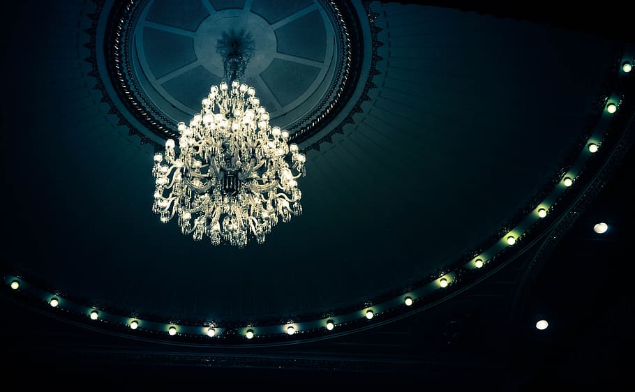 low angle photography of crystal chandelier, theatre, santa, isabel