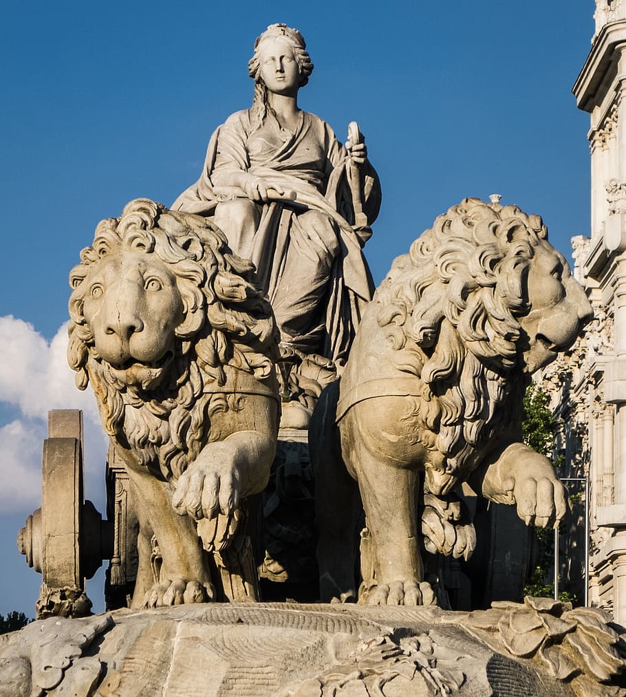 man riding chariot pulled by two lions statue, madrid, stone, HD wallpaper
