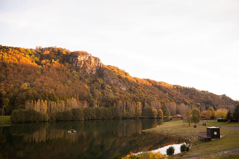 cantal, lake, reflection, fall, pond, mountain, landscape, mirror HD wallpaper