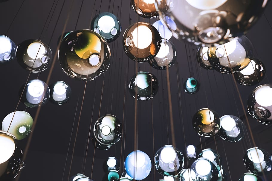 low angle photography of lamps, low angle view photography of bubble chandelier HD wallpaper