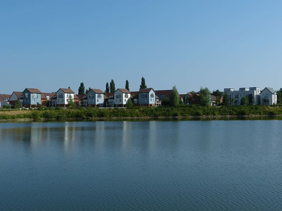 Lake, Waterfront, Houses, summer, landscape, property, uk, england, HD wallpaper