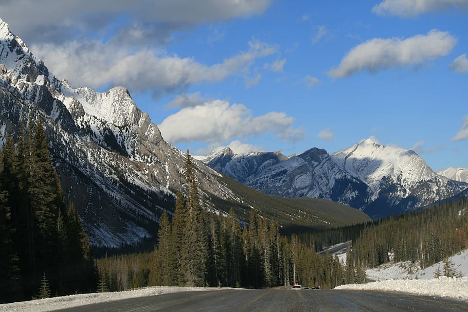 alpine, cloudy, cold, mountain range, peak, road, rocky mountains HD wallpaper