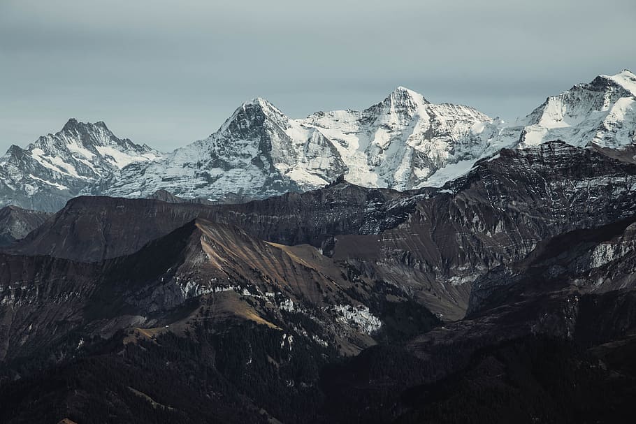 gray and brown mountains, snow-covered mountains during daytime HD wallpaper