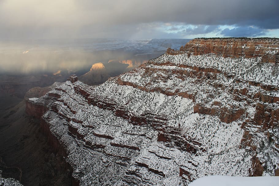 rock formations and sky, grand canyon, winter, snow, park, landscape, HD wallpaper