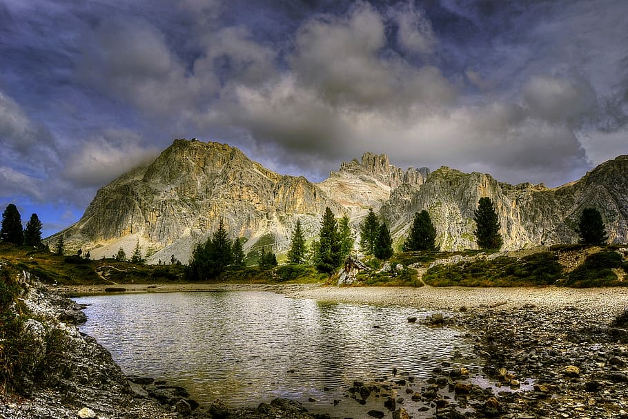 body of water across mountain, Dolomites, Mountains, Italy, South Tyrol, HD wallpaper