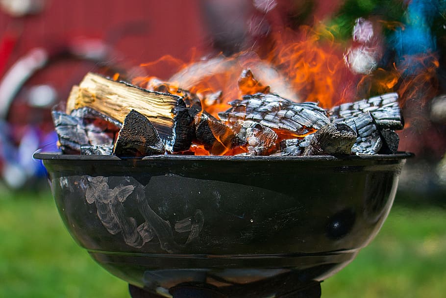 black fire pit with burning woods, summer, campfire, grill HD wallpaper