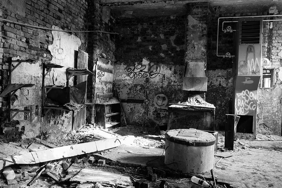 grayscale ruined house, factory, leave, lapsed, decay, hall HD wallpaper