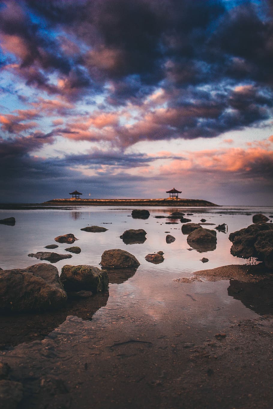 coastal rocks in a distance of nipa hut, Island under cumulus clouds HD wallpaper