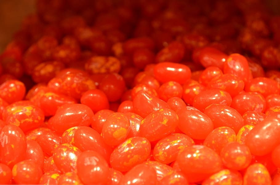 jelly beans, delicious, sweet, orange, speckled, food, red