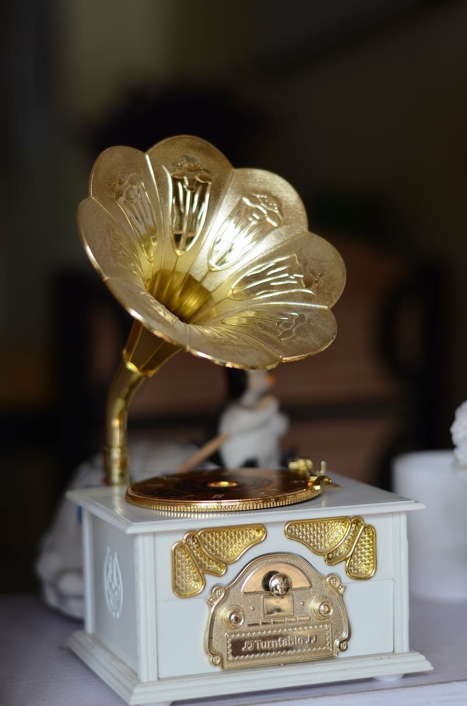 brass-colored and white gramophone, the phonograph, music, ornament