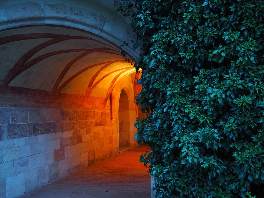 orange lamp lighted under beige concrete tunnel, cloister, monastery of lorch, HD wallpaper