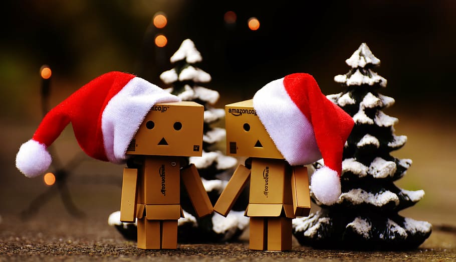 danbo, christmas, figure, together, hand in hand, love, togetherness, HD wallpaper