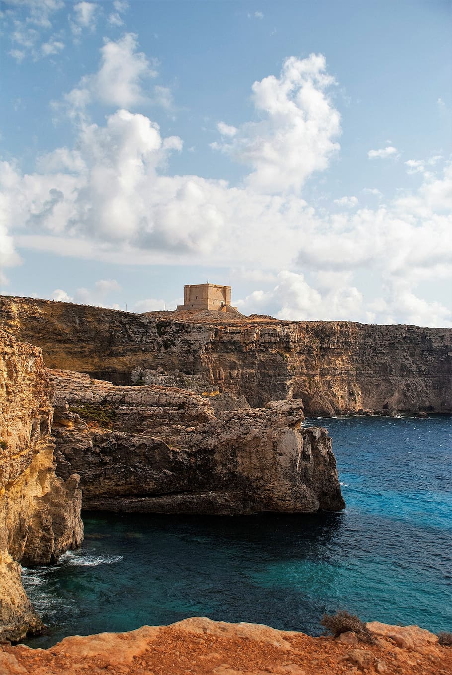 comino, chapel, malta, sky, cloud - sky, water, sea, rock, rock - object HD wallpaper