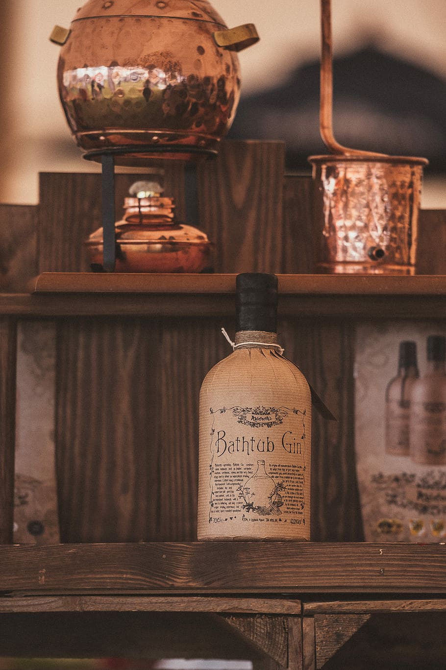 Bathtub Gin, bottle on wooden rack, copper, pot, mug, container HD wallpaper