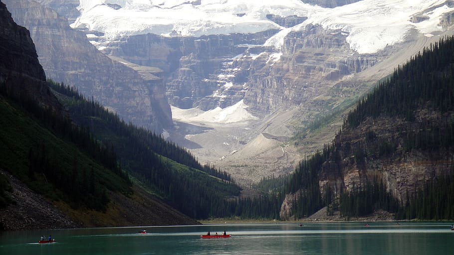 boat on water between snow capped mountains, canada, river HD wallpaper