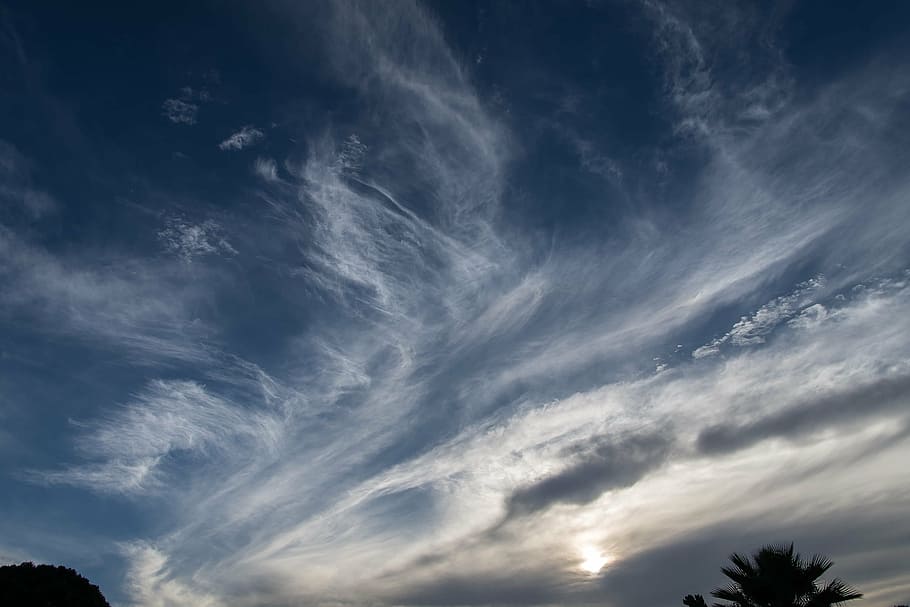 clouds, white, blue, dramatic, pattern, streaks, swirls, sunset HD wallpaper