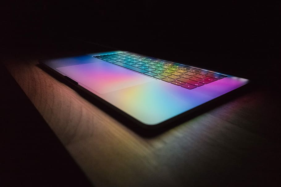 RGB lights on MacBook Pro, LED laptop keyboard, apple, color