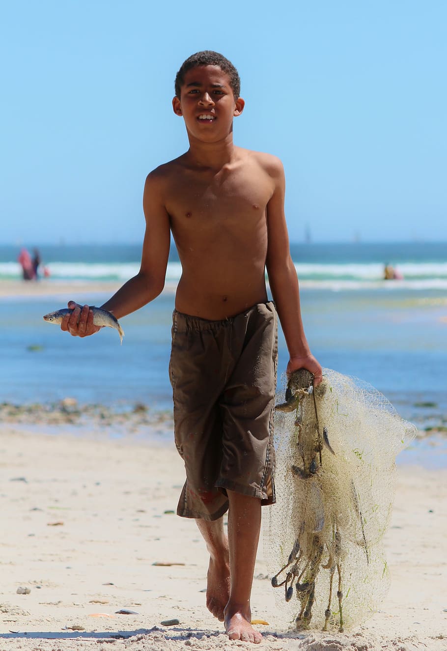 HD wallpaper: boy holding fish and net near seashore, beach, ocean, network