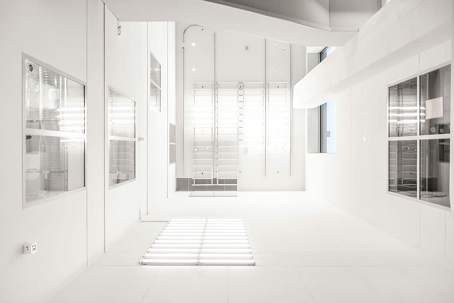white concrete wall near glass window inside room, indoors, architecture