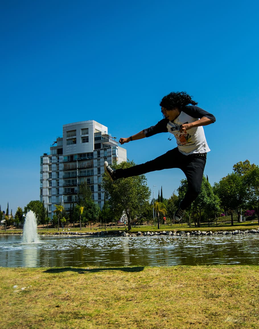jump, ninja, man, float, assembly, architecture, nature, sky HD wallpaper