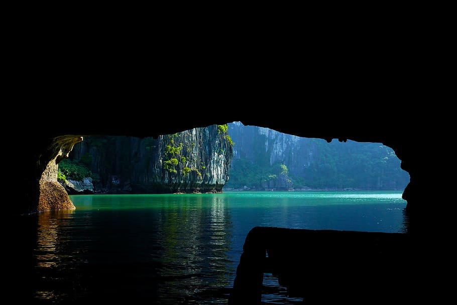 cave interior, halong bay vietnam, sea, water, rock, tranquility