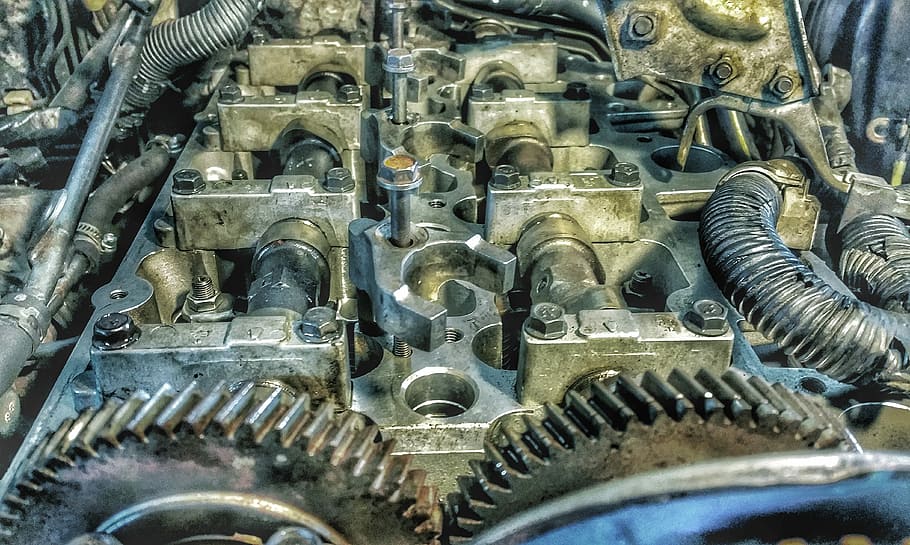 silver car engine, camshafts, gears, motor, automobile, machine