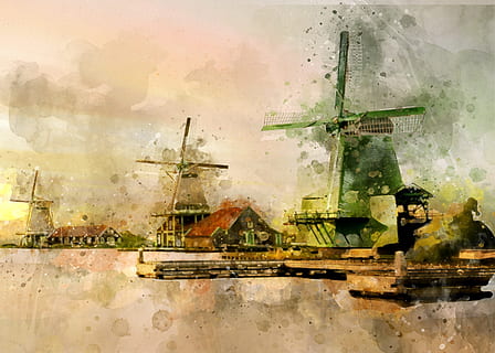 green windmill near dock painting, architecture, bridge, building HD wallpaper