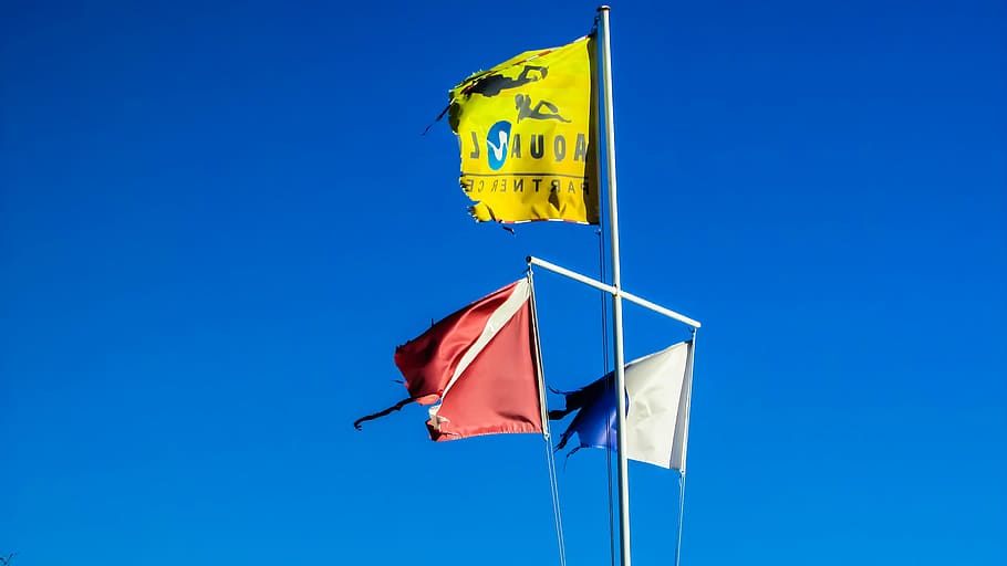 flags, navigation flags, worn out, waving, blue, sky, clear sky, HD wallpaper