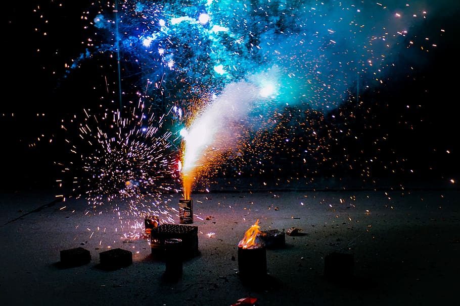 fireworks display, fireworks on ground giving out smoke, rocket HD wallpaper