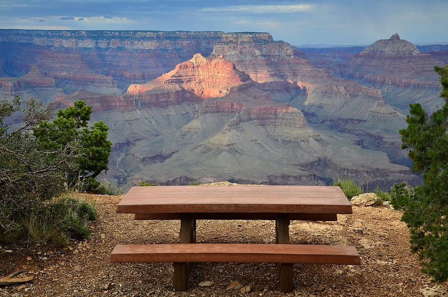 brown and black picnic table with a view of mountain, Grand Canyon, HD wallpaper