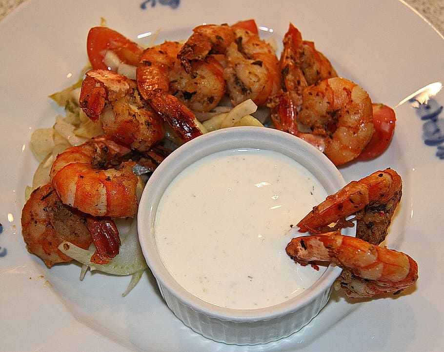 tiger shrimp, refreshments, fried, dressing, food, dining, prawns HD wallpaper