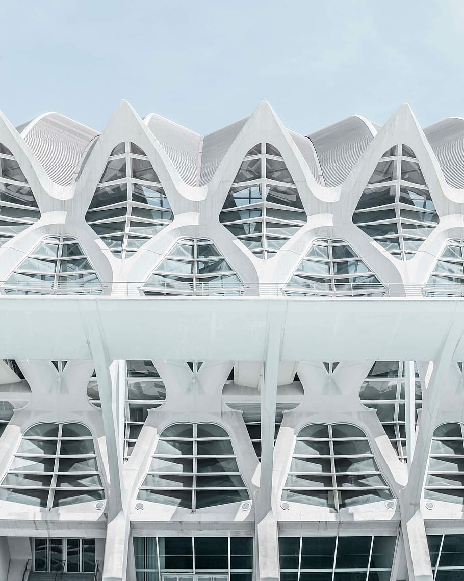 white concrete building, sky, architecture, modern design, geometric HD wallpaper