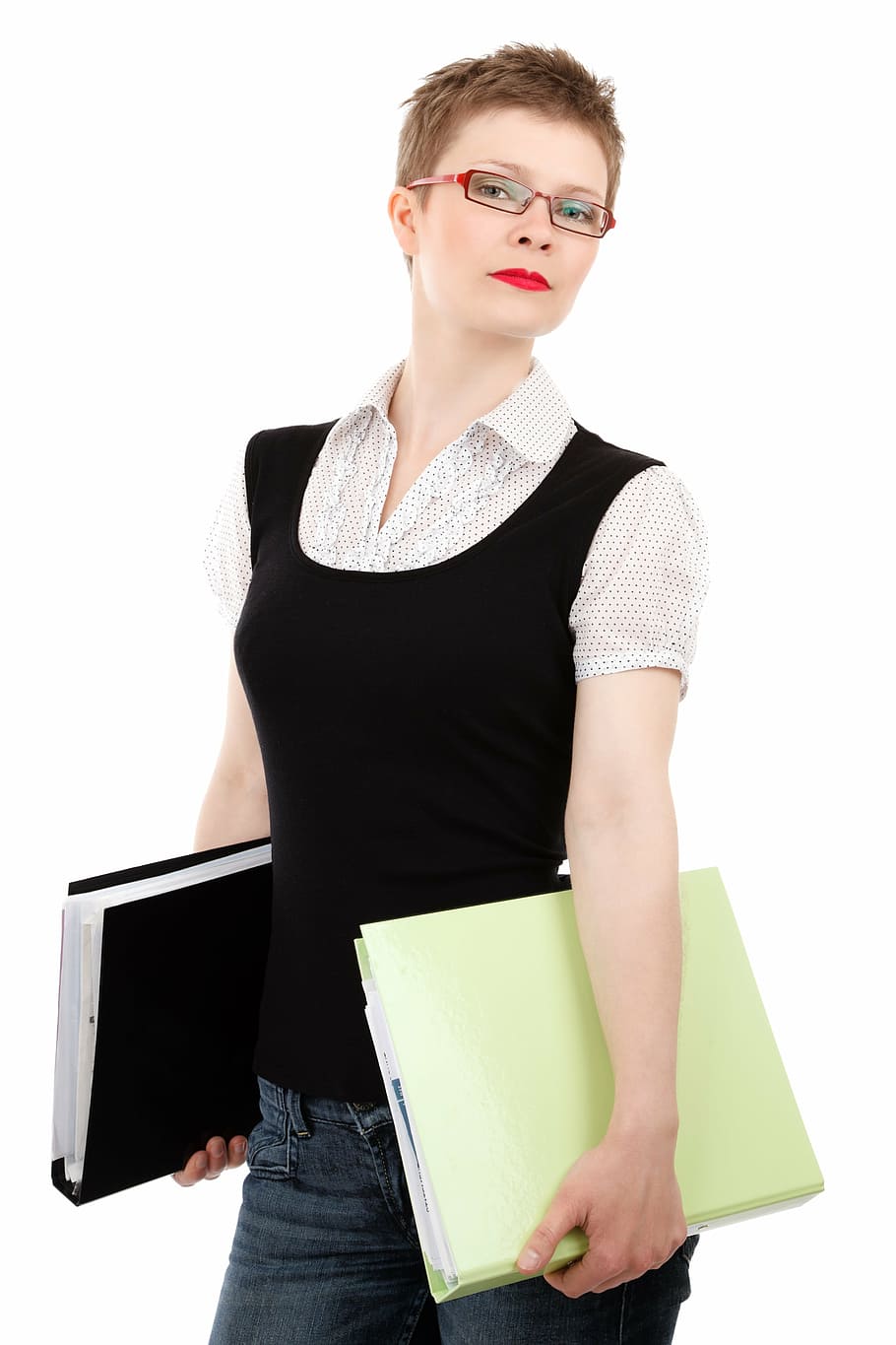woman wearing black tank top and white button-up shirt holding green folder, HD wallpaper